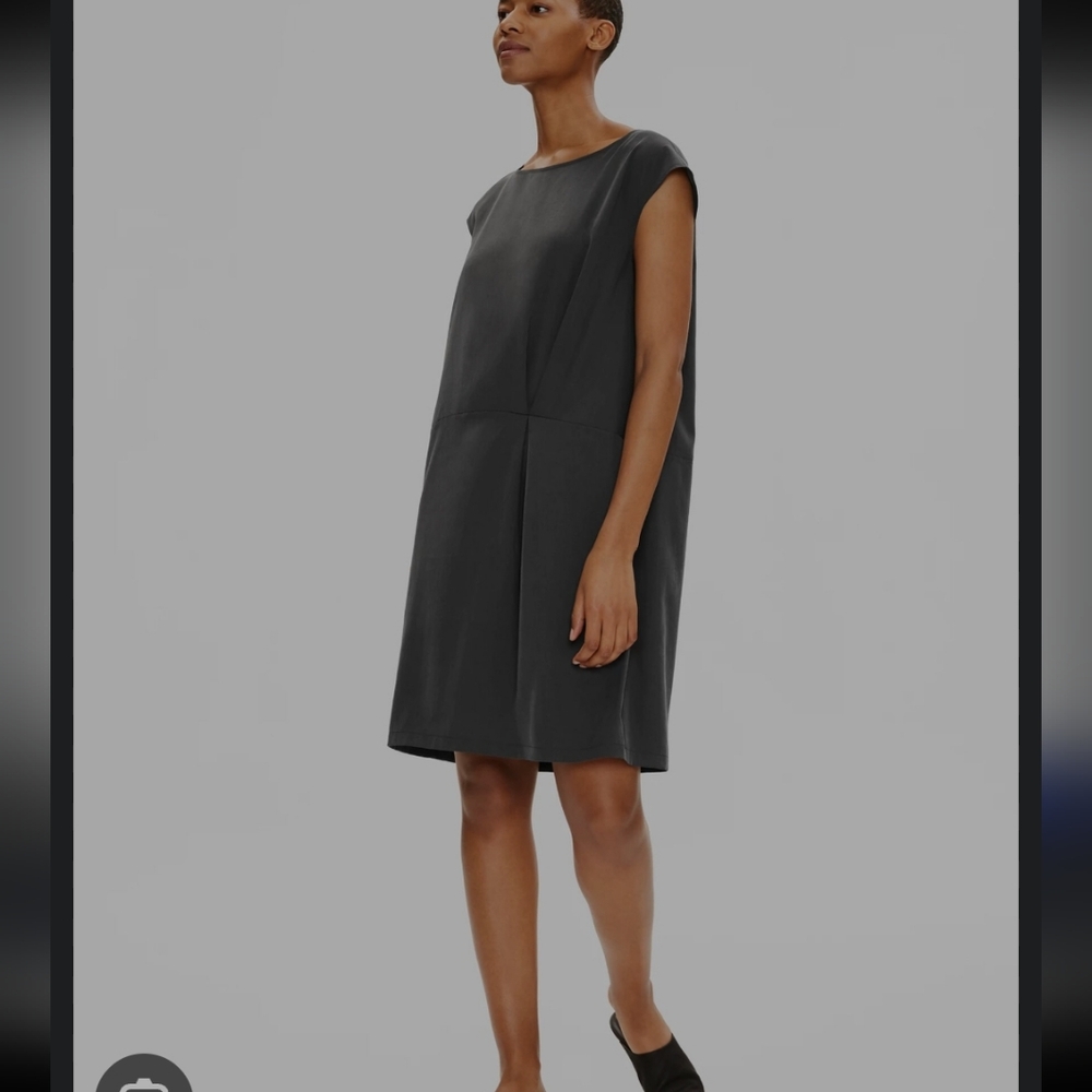 EILEEN FISHER NWT GRAPHITE PLEAT FRONT BALLET NECK SOFT TENCEL DRESS SIZ…